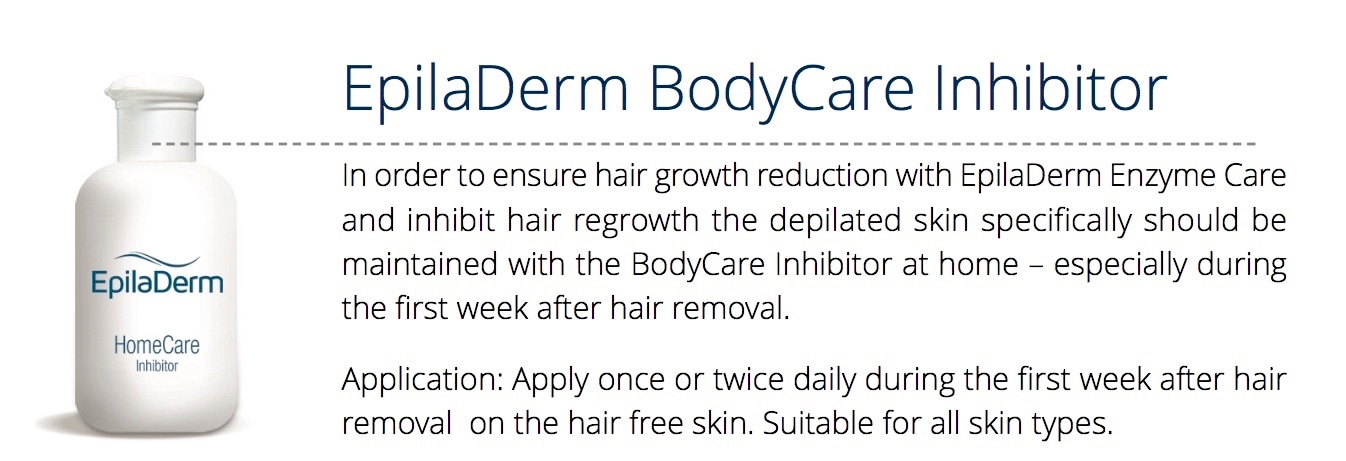 In order to ensure hair growth reduction with EpilaDerm Enzyme Care and inhibit hair regrowth the depilated skin specifically should be maintained with the BodyCare Inhibitor at home – especially during the first week after hair removal. Application: Apply once or twice daily during the first week after hair removal on the hair free skin. Suitable for all skin types.